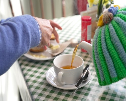 Elderly hands holding healthy green tea cup